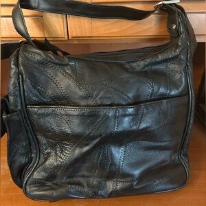 Black Leather Purse with Embroidered Design in Black